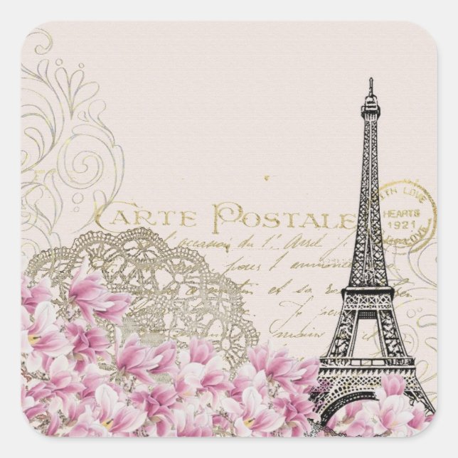 Paris France Travel Eiffel Tower with Rose Flowers Square Sticker (Front)