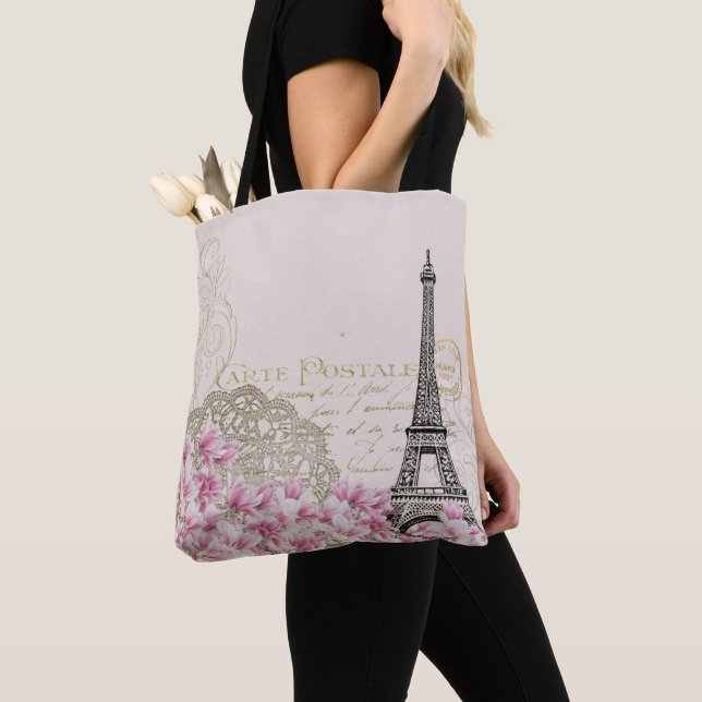 Paris France Travel Eiffel Tower with Rose Flowers Tote Bag (Close Up)