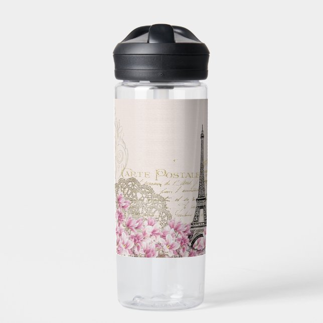 Paris France Travel Eiffel Tower with Rose Flowers Water Bottle (Front)