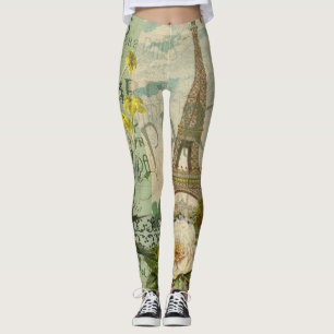 Paris France Travel Vintage Antique Art Painting Leggings