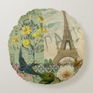 Paris France Travel Vintage Antique Art Painting Round Cushion