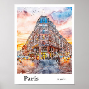 Paris France Travel Watercolor Sketch Hand Drawn Poster