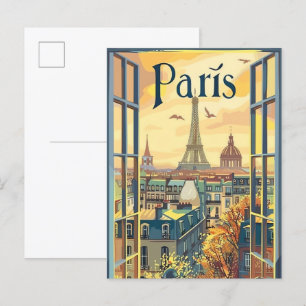 Paris France Vintage Retro Travel Illustration Postcard