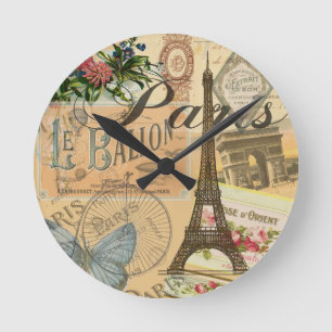 Paris France Vintage Travel Collage Round Clock