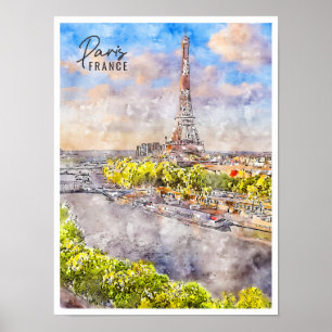 Paris France vintage travel watercolor Poster