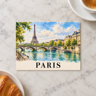 Paris France Watercolor Eiffel Tower Travel Postcard