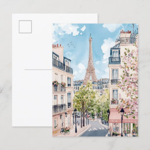 Paris France Watercolor Painting Travel Postcard