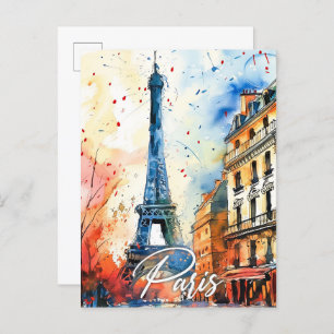 Paris France Watercolor Painting Travel Postcard