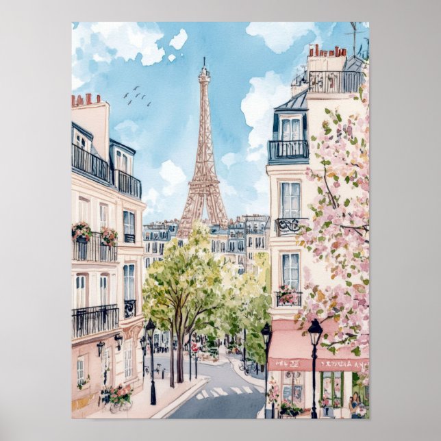 Paris France Watercolor Painting Travel Poster (Front)