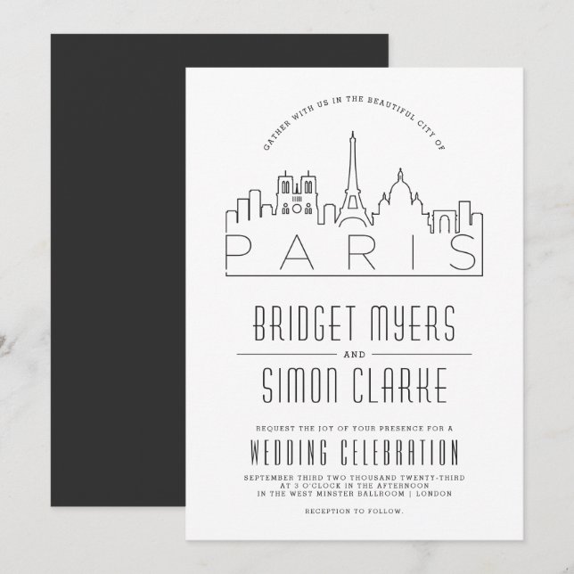 Paris, France Wedding | Stylised Skyline Invite (Front/Back)