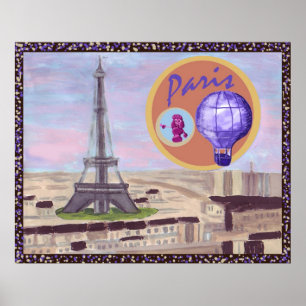 Paris France with Eiffel Tower, pink poodle, and h Poster