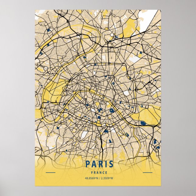 Paris - France Yellow City Map Poster (Front)