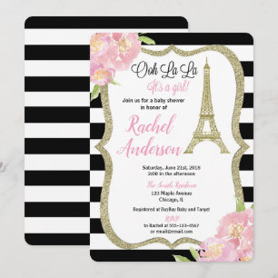 Paris French baby shower invitation girl pink gold