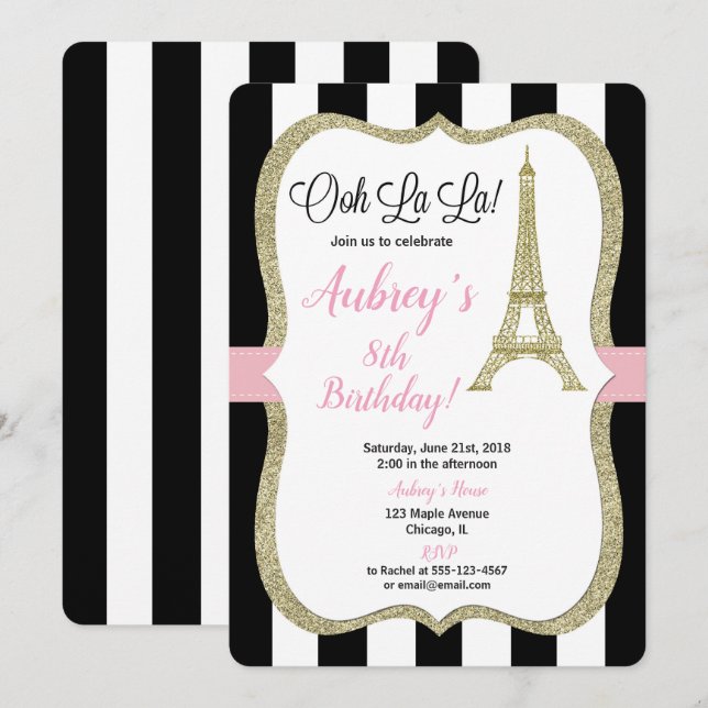 Paris French birthday invitation girl pink gold (Front/Back)