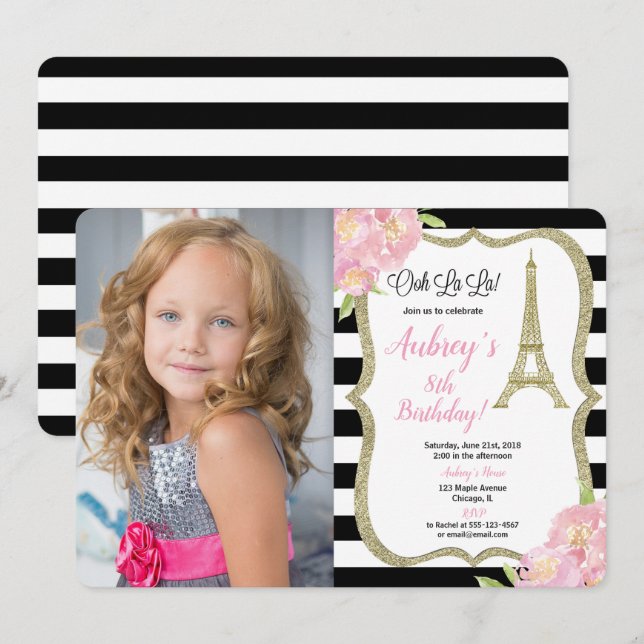 Paris French birthday photo invitation pink gold (Front/Back)