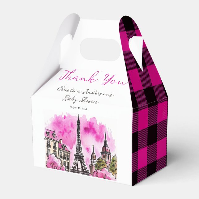 Paris French Bonjour Bebe Pink Black Baby Shower Favour Box (Front Side)