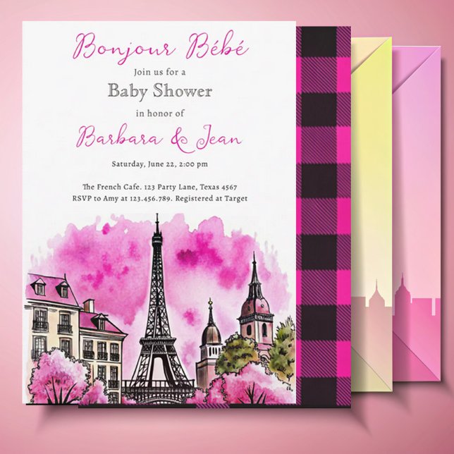 Paris French Bonjour Bebe Pink Black Baby Shower Invitation (Creator Uploaded)