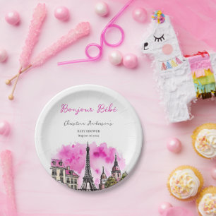 Paris French Bonjour Bebe Pink Black Baby Shower Paper Plate