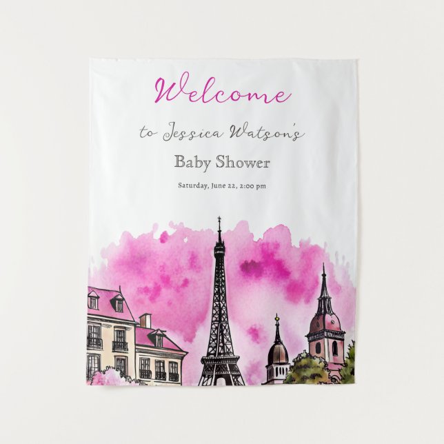Paris French Bonjour Bebe Pink Black Baby Shower Tapestry (Front)