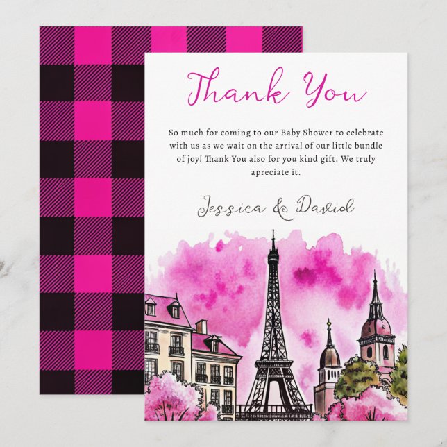 Paris French Bonjour Bebe Pink Black Baby Shower Thank You Card (Front/Back)