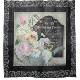 Paris French Floral Market Watering Can Chalkboard Shower Curtain