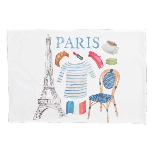 Paris French Watercolor Doodles Pillowcase (Front)