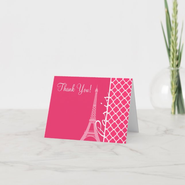 Paris; Hot Pink Moroccan Quatrefoil Thank You Card (Front)