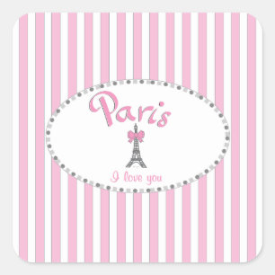 "Paris I Love You"- pink stripes Square Sticker