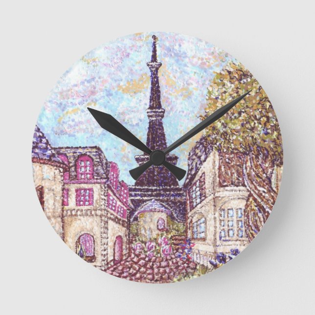 Paris Inspired Cityscape With Eiffel Tower Round W Round Clock (Front)