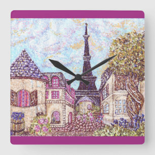 Paris Inspired Cityscape With Eiffel Tower Square Wall Clock