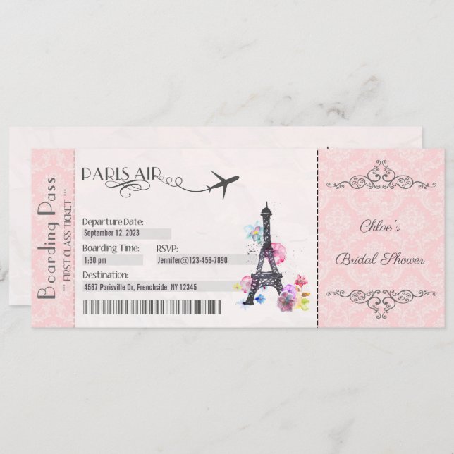 Paris Invitation, Boarding Pass Invitation, Bridal Invitation (Front/Back)