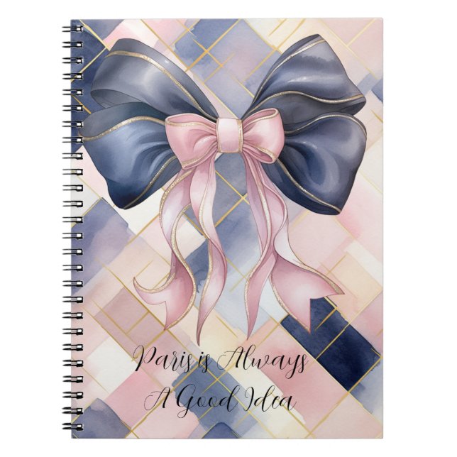 Paris is Always A Good Idea Blue Pink Bow Notebook (Front)