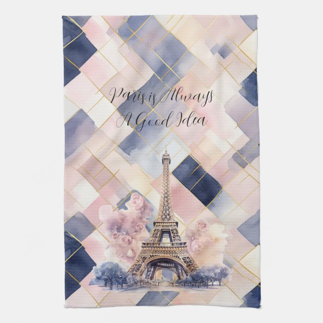 Paris is Always A Good Idea Eiffel Tower Blue Pink Tea Towel (Vertical)