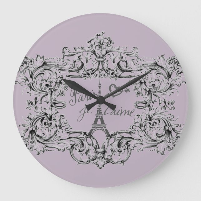 "Paris Je T'aime" Eiffel Tower Scroll Print Large Clock (Front)
