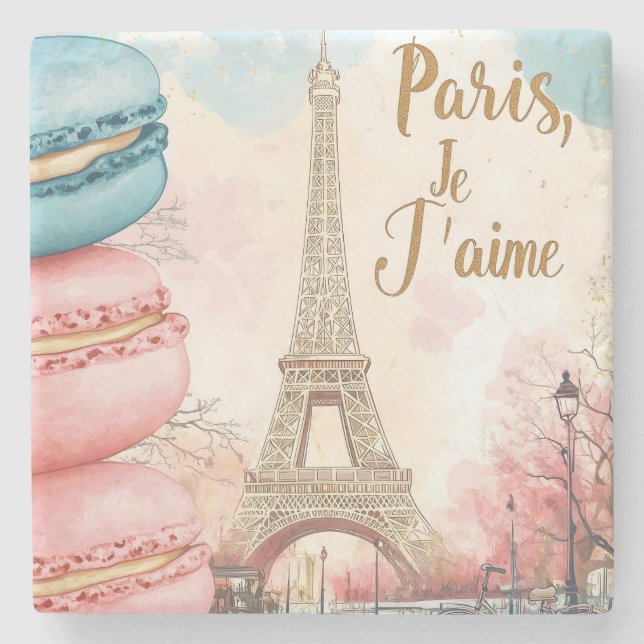  Paris, Je T'aime - Eiffel Tower with Macarons  Stone Coaster (Front)