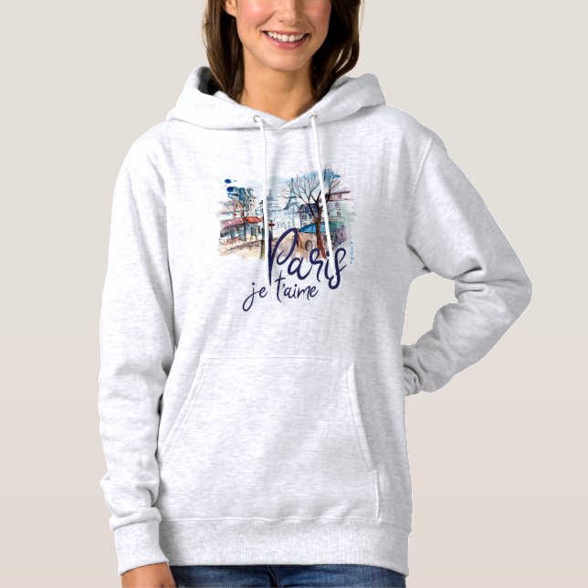 Paris Je t'aime Watercolor Calligraphy France Art Hoodie (Front)