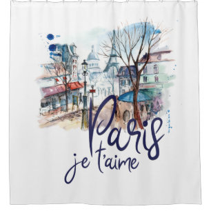 Paris Je t'aime Watercolor Calligraphy France Art Shower Curtain