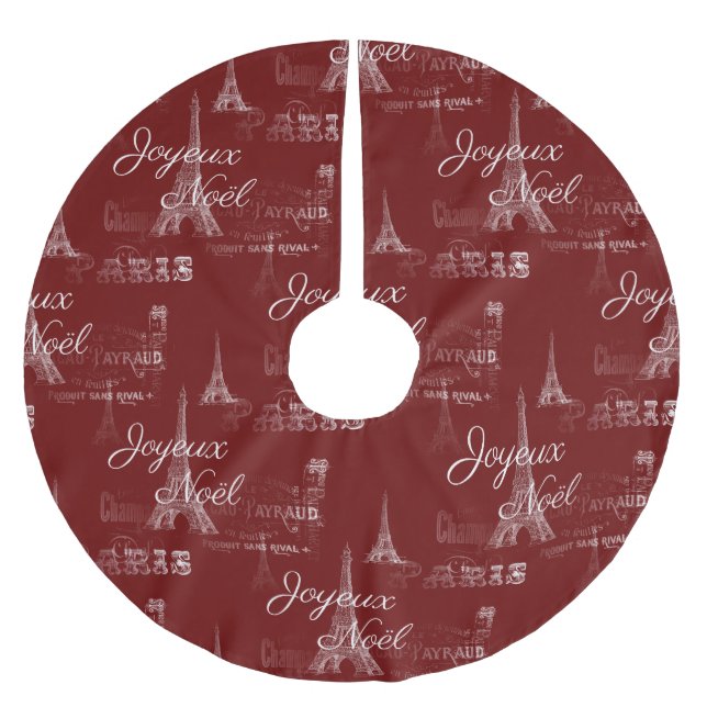 Paris Joyeux Noel Dark Red Christmas Tree Skirt (Front)