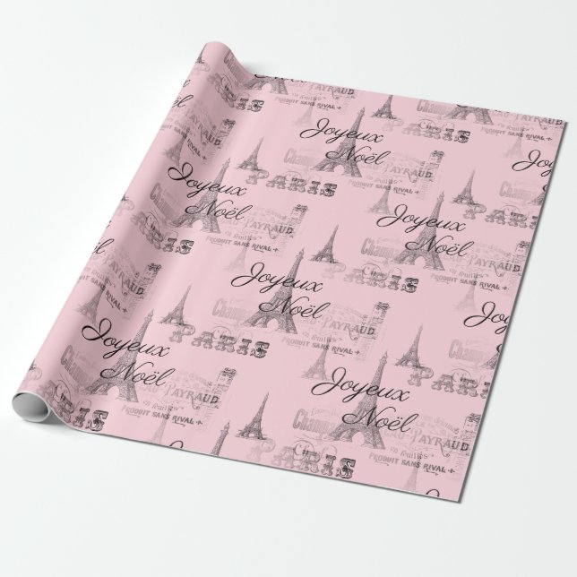 Paris Joyeux Noel Pink Christmas Wrapping Paper (Unrolled)
