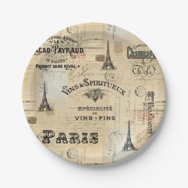 Paris Label Collage French Postcards Paper Plate (Front)