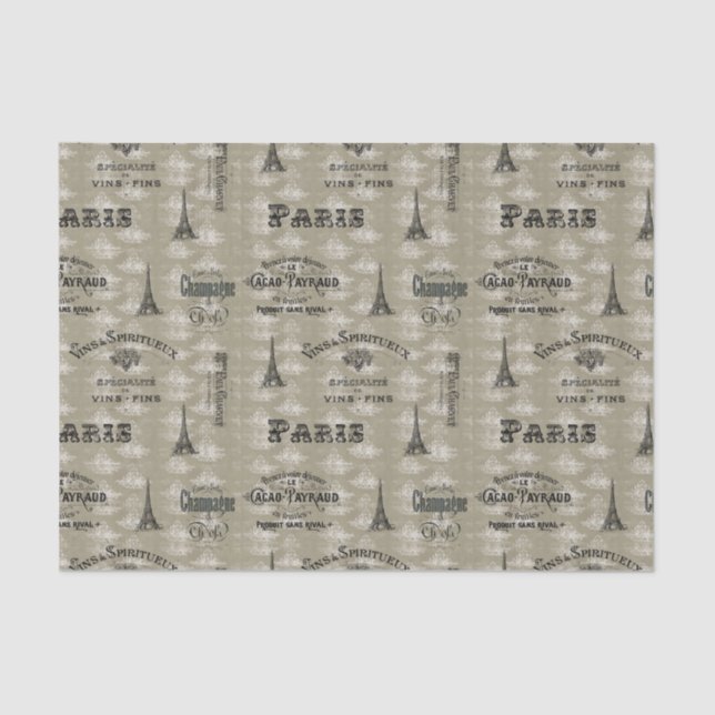 Paris Label Collage Tan Toile Tissue Paper (Front)