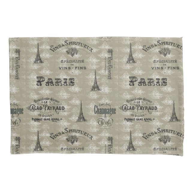 Paris Label Collage Taupe Damask Pillowcase (Front)