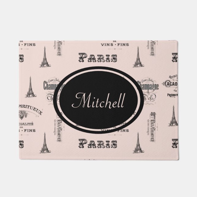 Paris Label French Pink Personalised Doormat (Front)