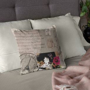 Paris Lady with Hat Pink Flower Collage Cushion