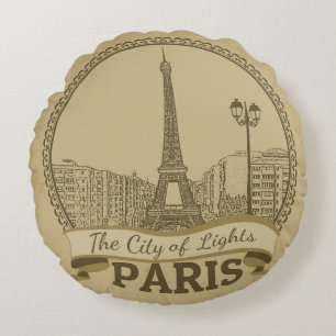 Paris Lights: Vintage Landscape Postcard Round Cushion