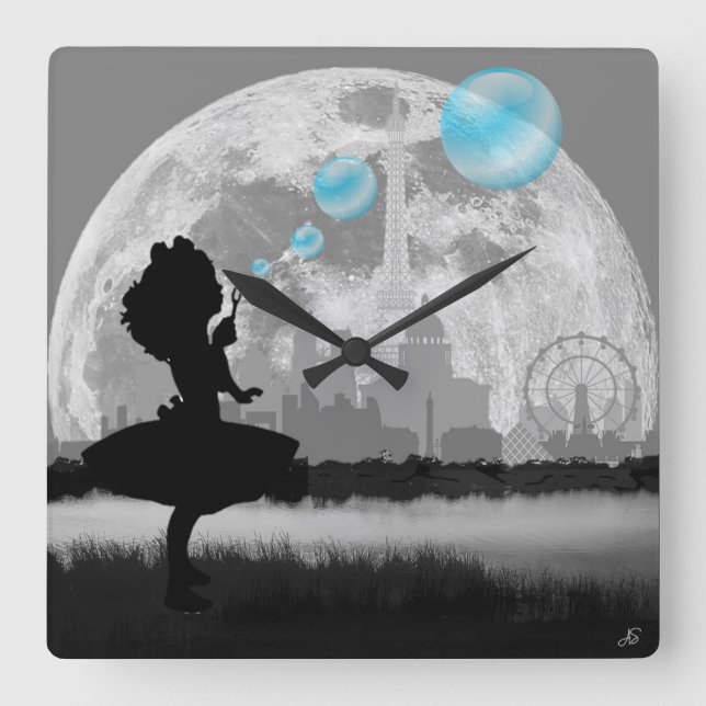 PARIS Little Girl Making Blue Bubble Wall Clock (Front)
