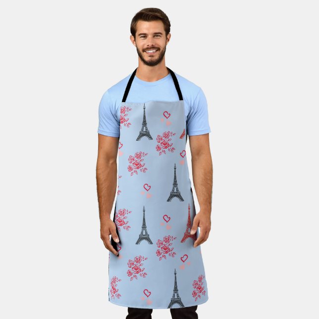 Paris Love Pattern – Eiffel Tower & Roses Seamless Apron (Worn)