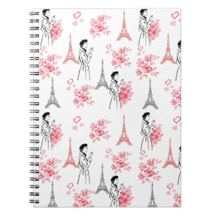Paris Love Pattern – Eiffel Tower & Roses Seamless Notebook