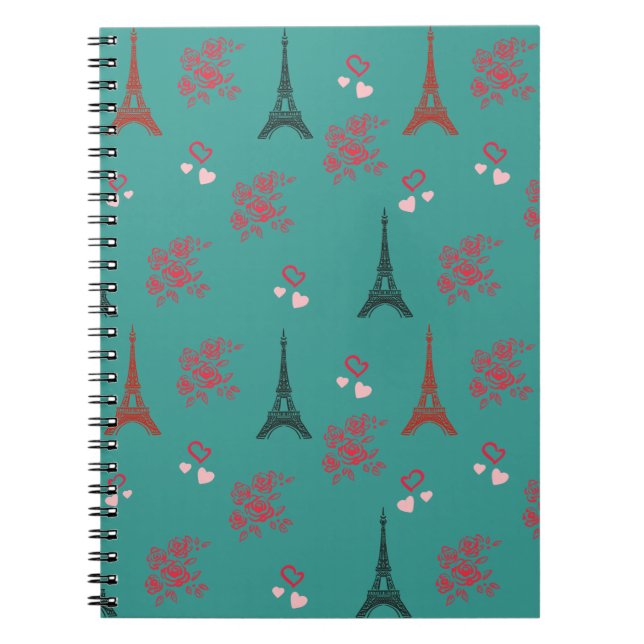 Paris Love Pattern – Eiffel Tower & Roses Seamless Notebook (Front)