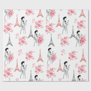 Paris Love Pattern – Eiffel Tower & Roses Seamless Wrapping Paper
